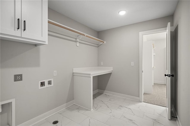 25010 W 142nd St, Olathe, KS 66061 - laundry area featuring cabinet space, electric dryer hookup, light marble finish flooring, washer hookup, and recessed lighting