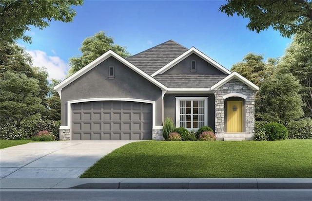 craftsman house with stucco siding, stone siding, concrete driveway, and a front yard