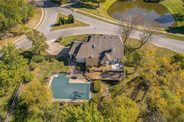 aerial view featuring a water view