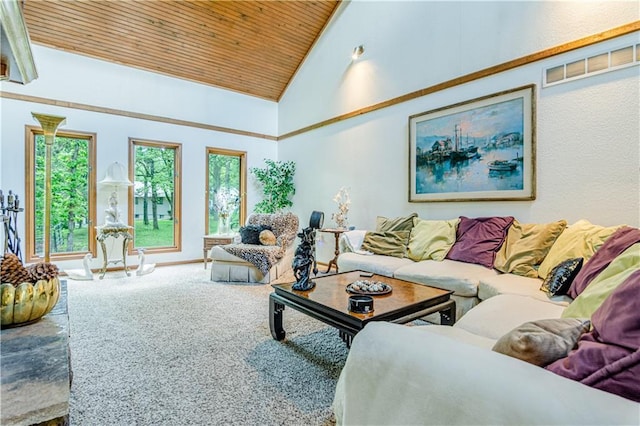 carpeted living room featuring high vaulted ceiling and wood ceiling