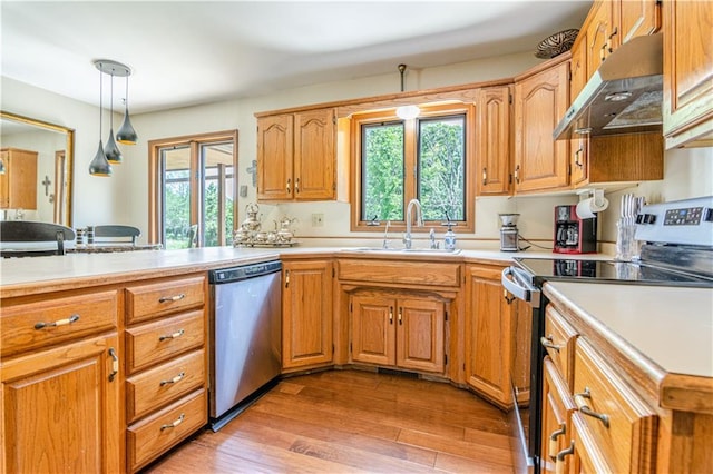 kitchen featuring appliances with stainless steel finishes, hanging light fixtures, sink, light hardwood / wood-style flooring, and a healthy amount of sunlight