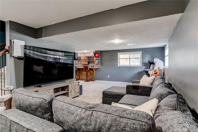 carpeted living room with a textured ceiling