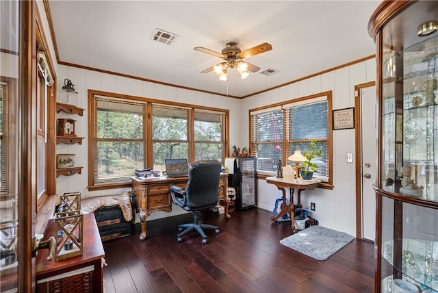 office featuring crown molding, dark hardwood / wood-style flooring, and ceiling fan