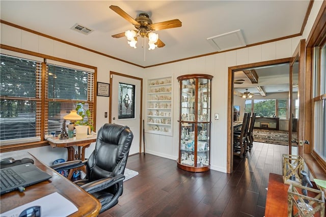 office space with ornamental molding, ceiling fan, and dark hardwood / wood-style floors