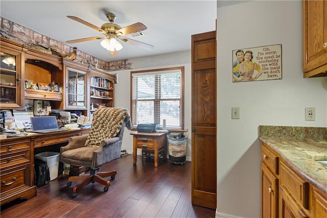 office space with dark hardwood / wood-style flooring and ceiling fan