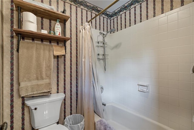 bathroom featuring toilet and shower / bathtub combination with curtain