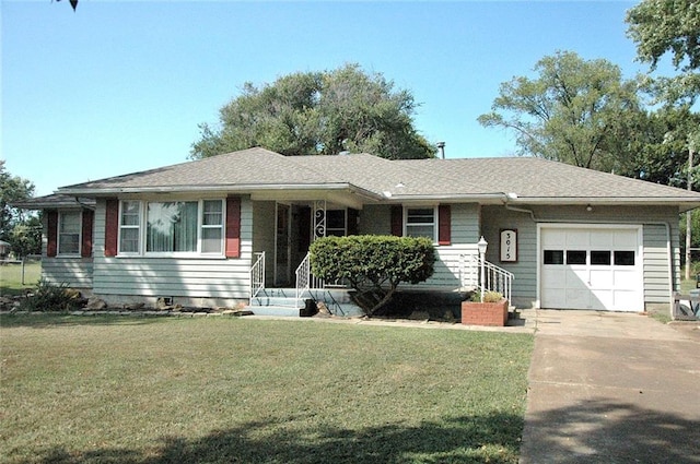 single story home featuring a garage and a front lawn