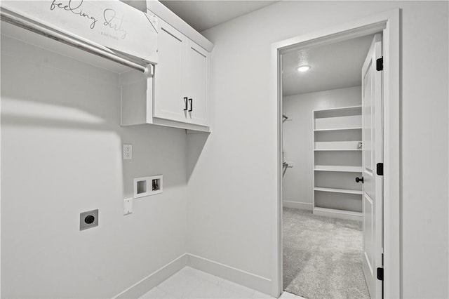 laundry area featuring washer hookup, cabinets, light carpet, and electric dryer hookup