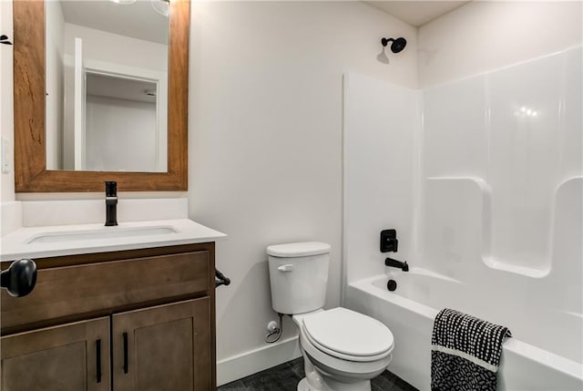 full bathroom with toilet, vanity, and bathing tub / shower combination