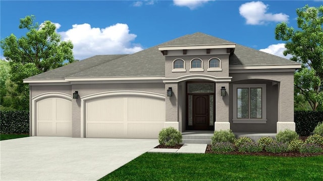 view of front of house with concrete driveway, a front lawn, an attached garage, and stucco siding