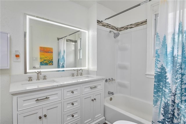 3229 Wayne Ave, Kansas City, MO 64109 - bathroom featuring double vanity, shower / tub combo, and a sink