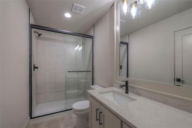 full bathroom with vanity, visible vents, recessed lighting, toilet, and a stall shower