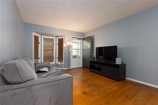 living room with hardwood / wood-style floors and a textured ceiling