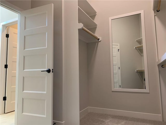 walk in closet with light carpet