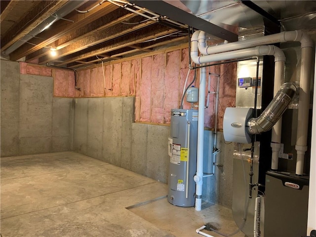 unfinished basement featuring heating unit and water heater