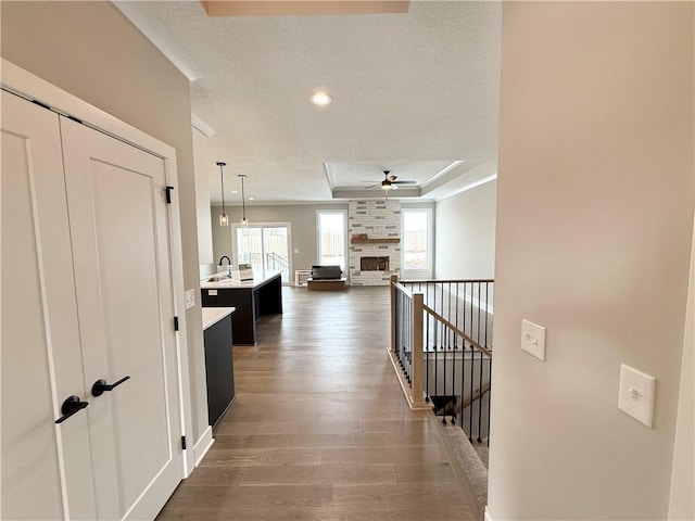 hall with a textured ceiling, dark hardwood / wood-style floors, a tray ceiling, and sink