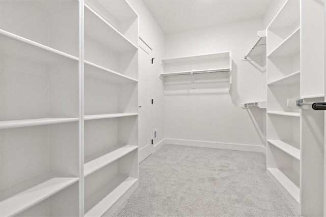 walk in closet with light colored carpet