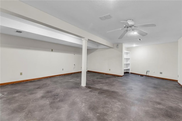 basement featuring ceiling fan