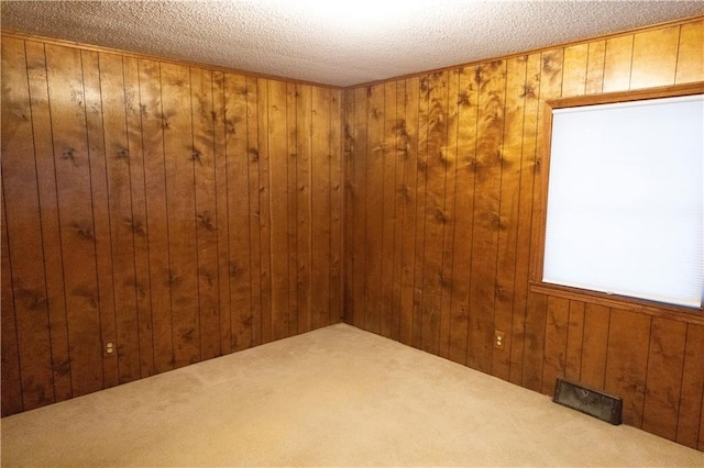 carpeted empty room with a textured ceiling and wooden walls