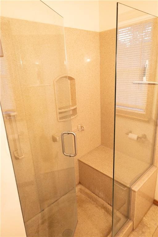 bathroom featuring a shower with shower door