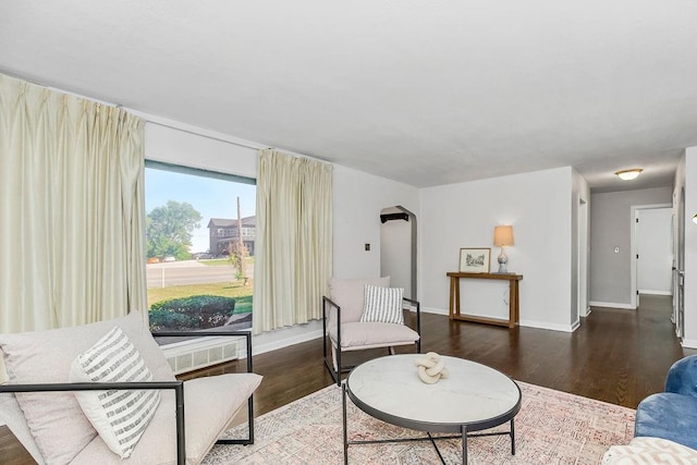 living room with dark hardwood / wood-style flooring