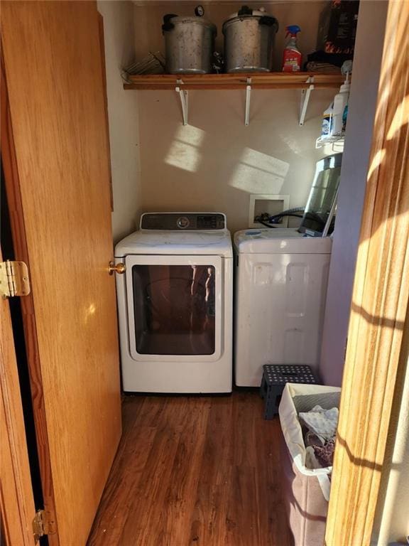 laundry room with dark wood-type flooring and independent washer and dryer