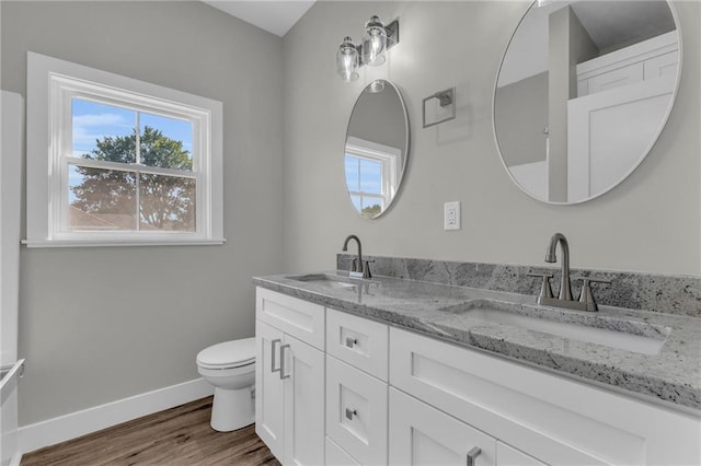 bathroom with hardwood / wood-style floors, vanity, and toilet