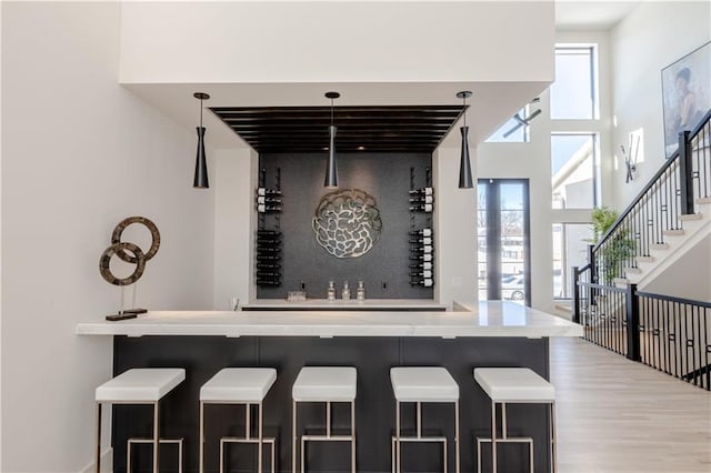 interior space featuring light hardwood / wood-style flooring, a high ceiling, and hanging light fixtures