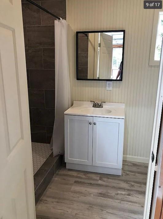 bathroom featuring curtained shower, wood-type flooring, and vanity