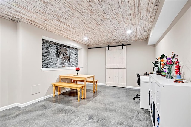 office with wooden ceiling, a barn door, baseboards, and recessed lighting