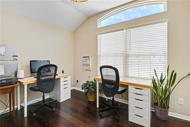 home office with dark wood-style floors, lofted ceiling, and baseboards