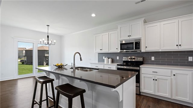 kitchen featuring dark wood-style floors, appliances with stainless steel finishes, a sink, white cabinetry, and backsplash