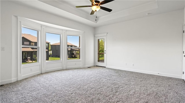 spare room with carpet, baseboards, a raised ceiling, and a wealth of natural light