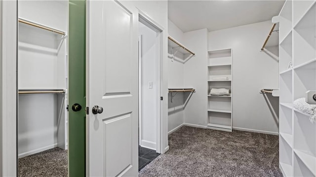 walk in closet with dark colored carpet