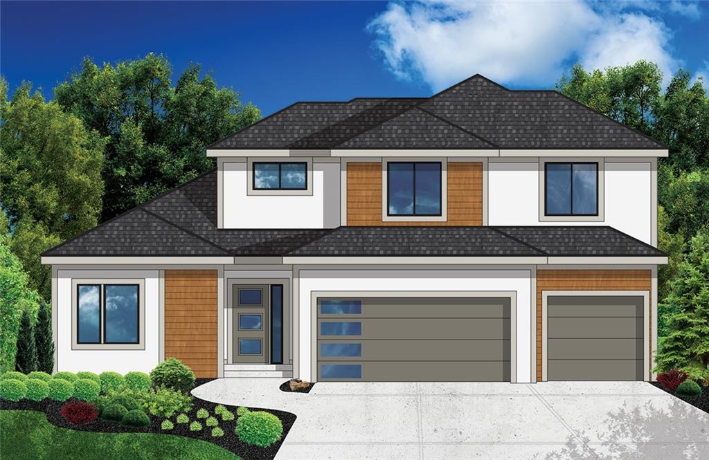 contemporary house with concrete driveway, a garage, and a shingled roof