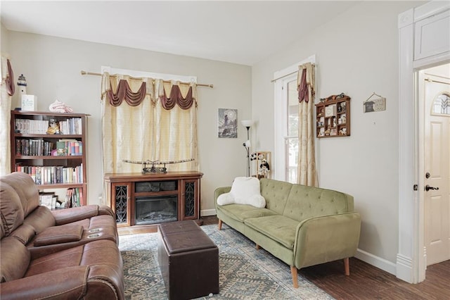 living room with dark wood-type flooring