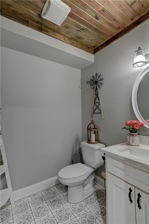 bathroom featuring wooden ceiling, vanity, toilet, and tile patterned floors