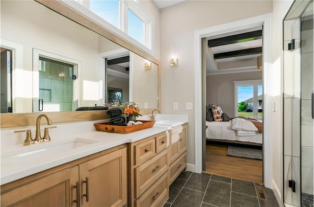 bathroom featuring wood-type flooring, vanity, an enclosed shower, and beam ceiling