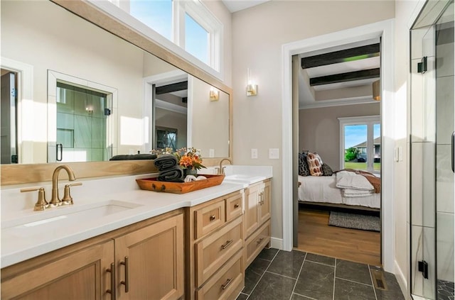 ensuite bathroom featuring a wealth of natural light, a sink, and a stall shower