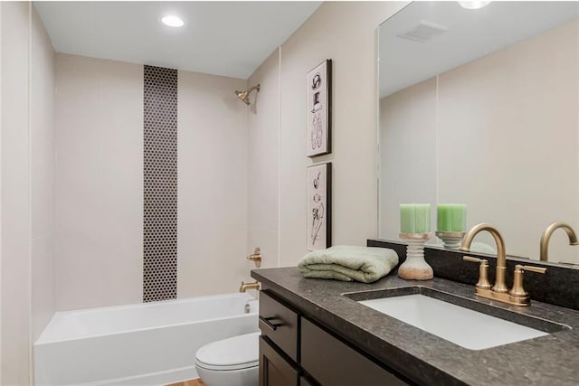 full bath featuring tub / shower combination, visible vents, toilet, and vanity