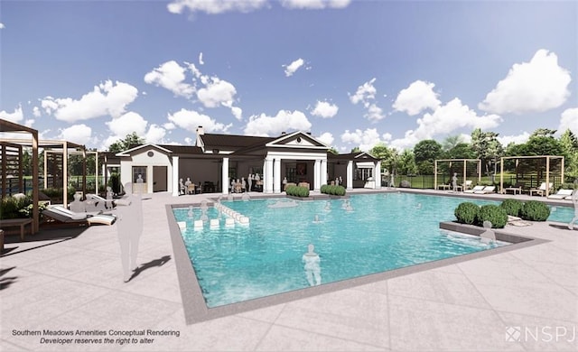 pool with fence and a patio