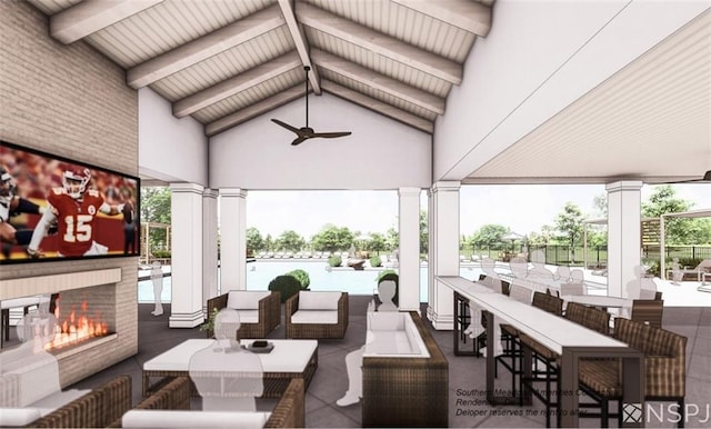view of patio with an outdoor living space with a fireplace, ceiling fan, and outdoor dining space