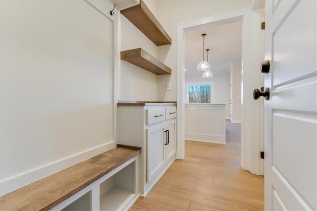 mudroom with crown molding and light wood-style flooring