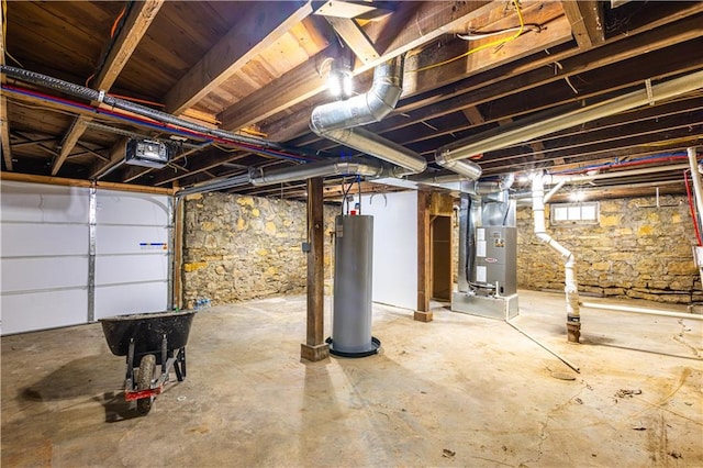 interior space featuring gas water heater and heating unit