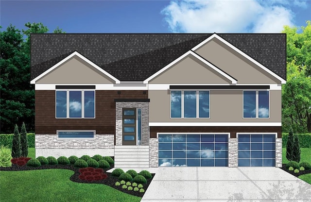 view of front of house featuring driveway, a shingled roof, stone siding, and a garage