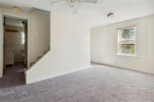 unfurnished room featuring ceiling fan and carpet flooring