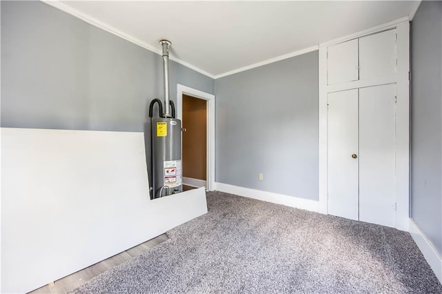 interior space with gas water heater, carpet, and crown molding