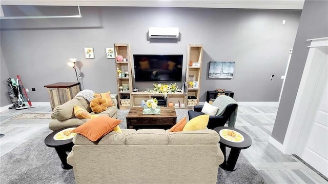 living room featuring ornamental molding and an AC wall unit