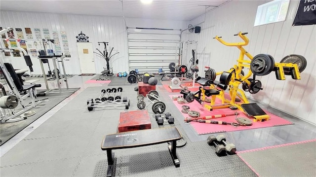 garage with wood walls