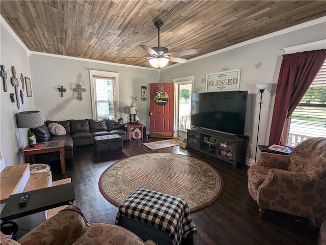 living room featuring ceiling fan, ornamental molding, wood ceiling, and dark hardwood / wood-style flooring